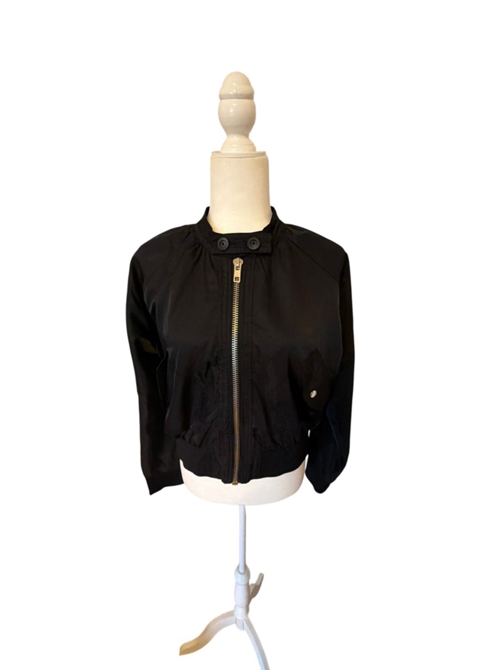 Free People Black Bomber Jacket with Gold Zipper